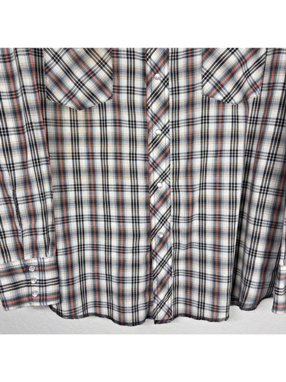 Vtg Rustler Pearl Snap Western Plaid Shirt X-Long Tails L Red Black Long Sleeve - Picture 5 of 15